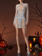 Inflector Sequin Mesh Rhinestone Mini Dress Flowering Girl