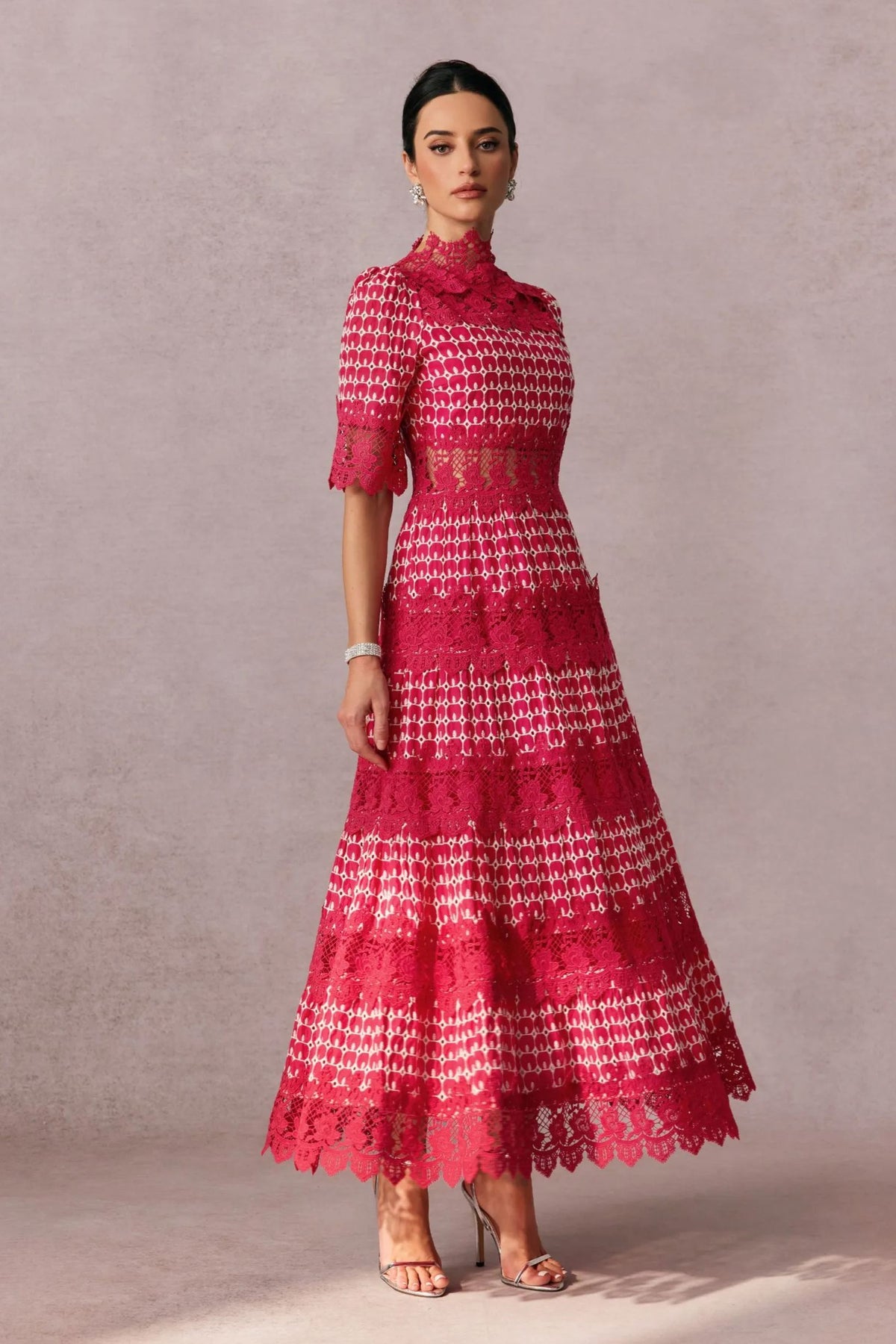 simona Embroidered Lace Midi Dress in red Flowering Girl