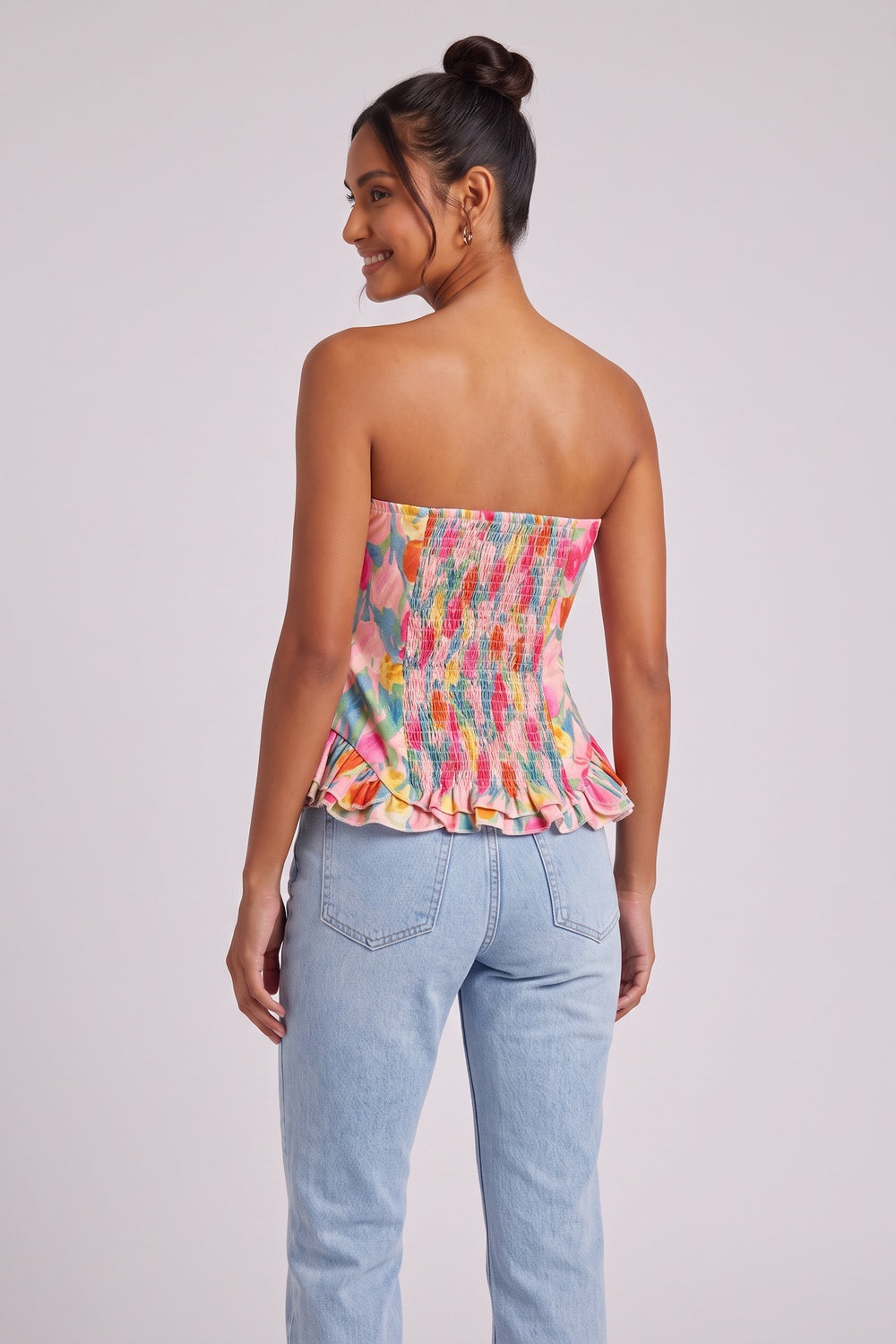 Pink Floral Strapless Corset Top with Peplum Flowering Girl