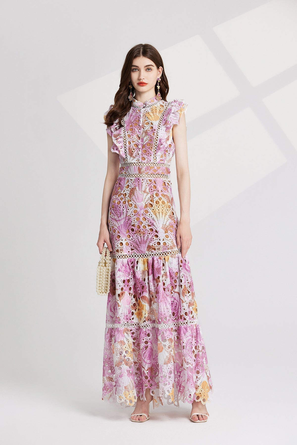 chloe hollow out flower embroidery maxi dress in pink purple Flowering Girl