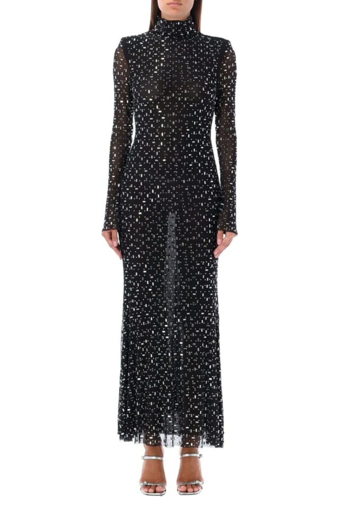 Crystal Embellished Mesh Midi Dress In Black Flowering Girl