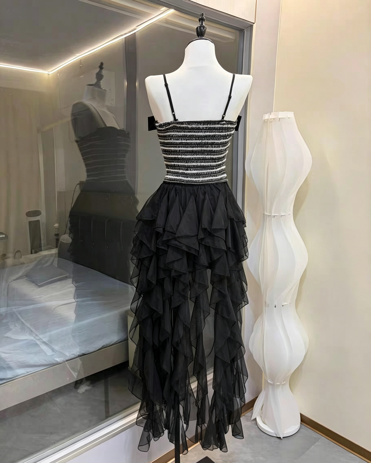 Rhinestone Bow Tweed Top & High-Low Ruffle Tulle Skirt Two-Piece Set Flowering Girl