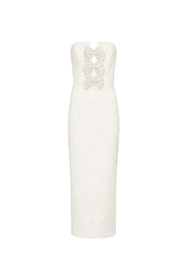 Nancy Pearl Embellished Bow Midi Dress In Ivory Flowering Girl