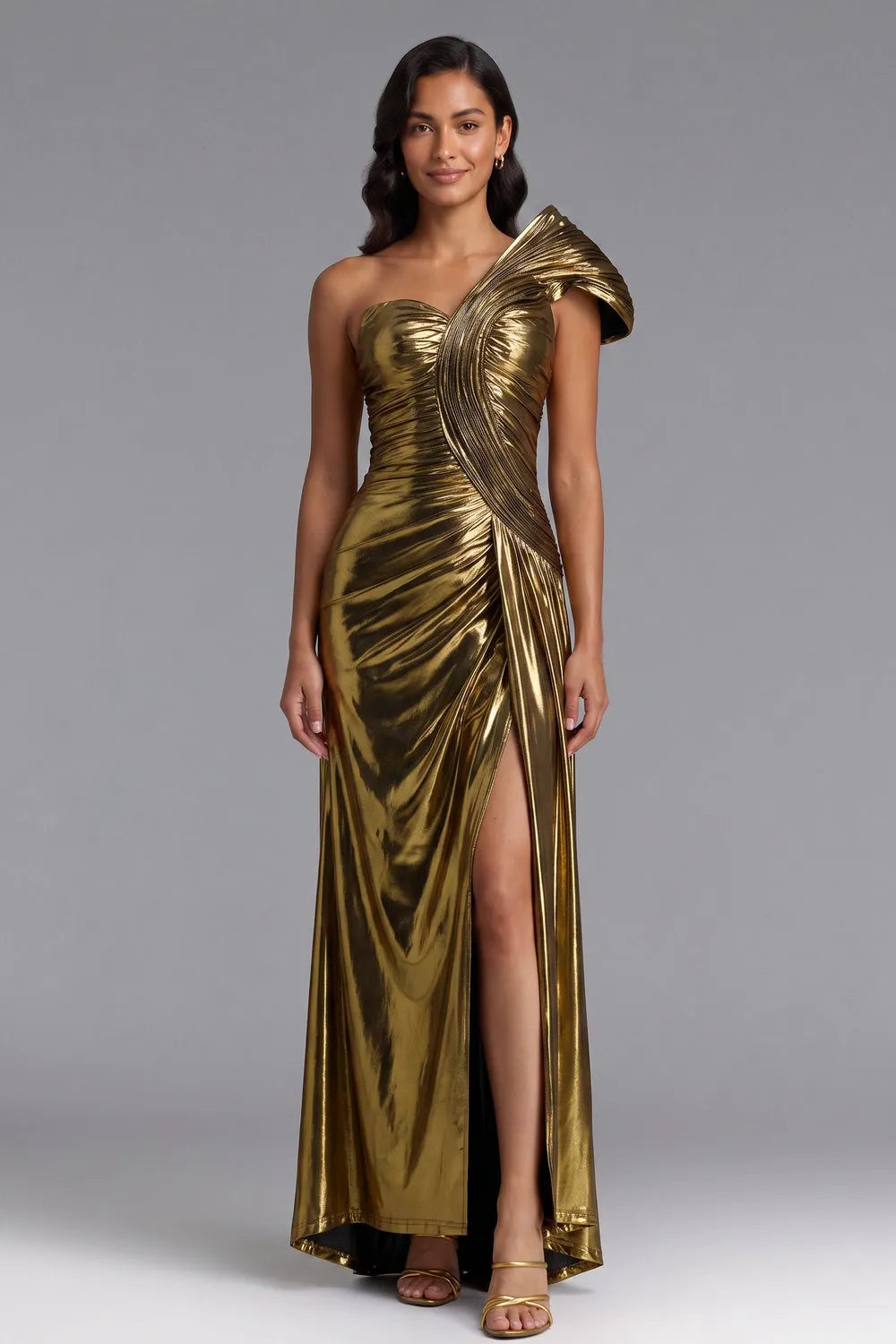 Gold Metallic One-Shoulder Maxi Dress Flowering Girl