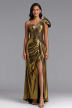 Gold Metallic One-Shoulder Maxi Dress Flowering Girl