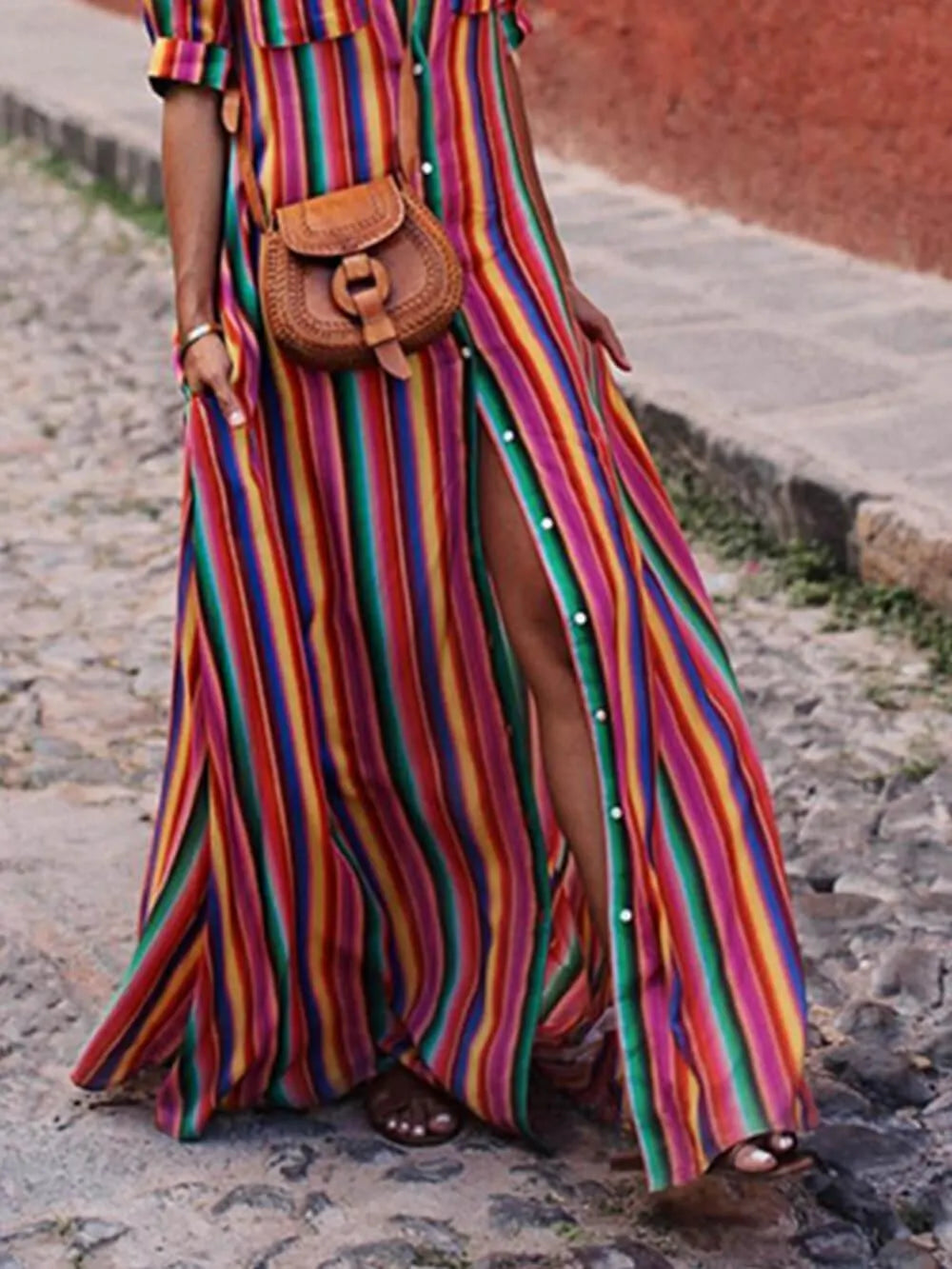 Casual Striped Printed Shirt Maxi Skirt Flowering Girl