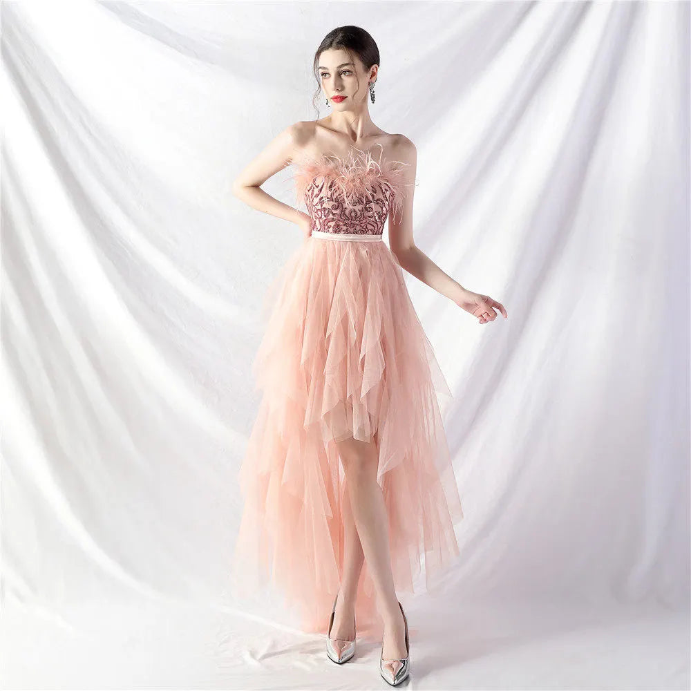 Strapless Feather Tulle Midi Dress Flowering Girl