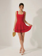 Square Neck Pleated Layered Mini Dress Flowering Girl