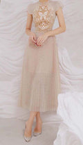 Pleated Embroidery Midi Dress In Beige Flowering Girl