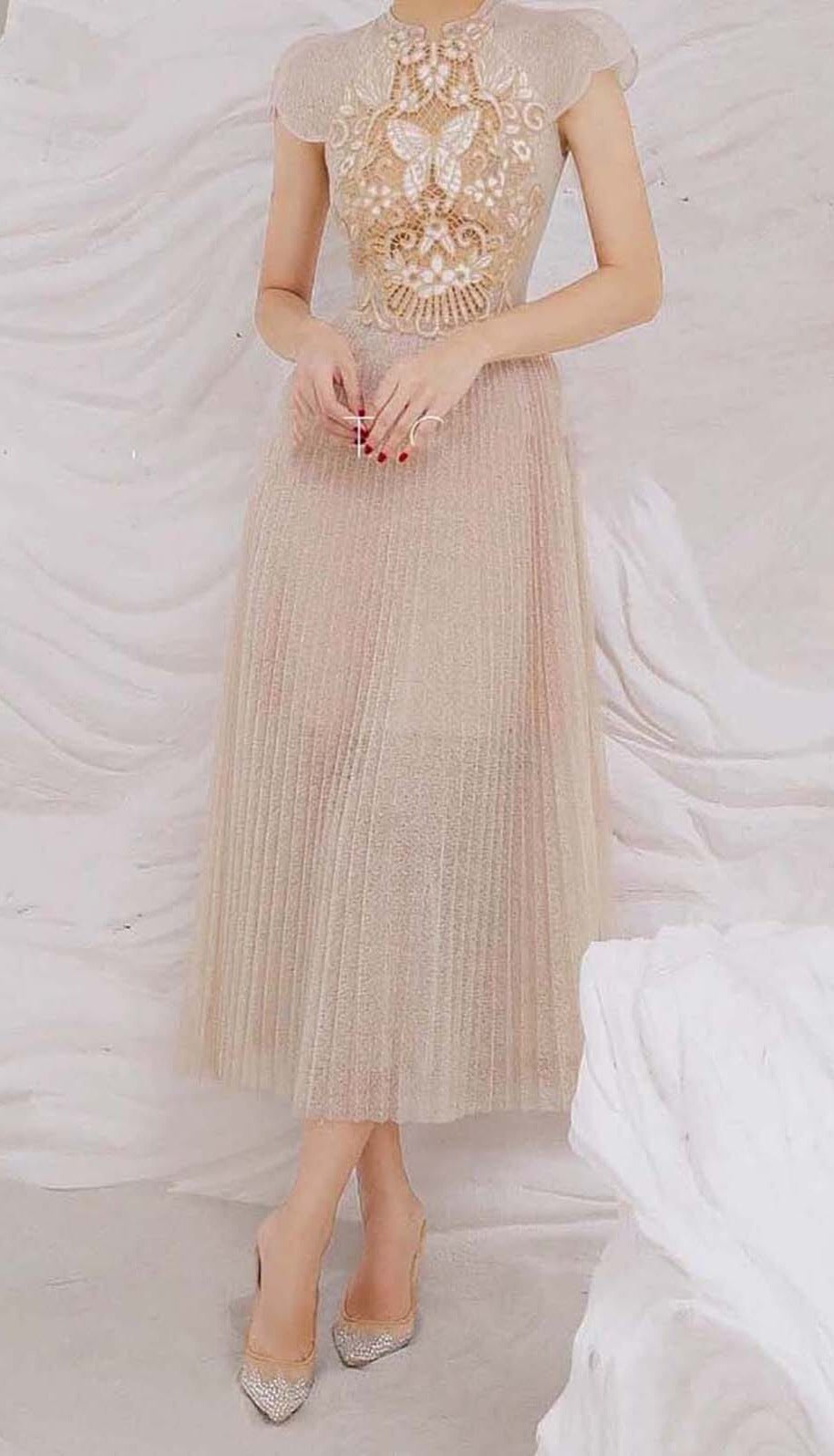 Pleated Embroidery Midi Dress In Beige Flowering Girl