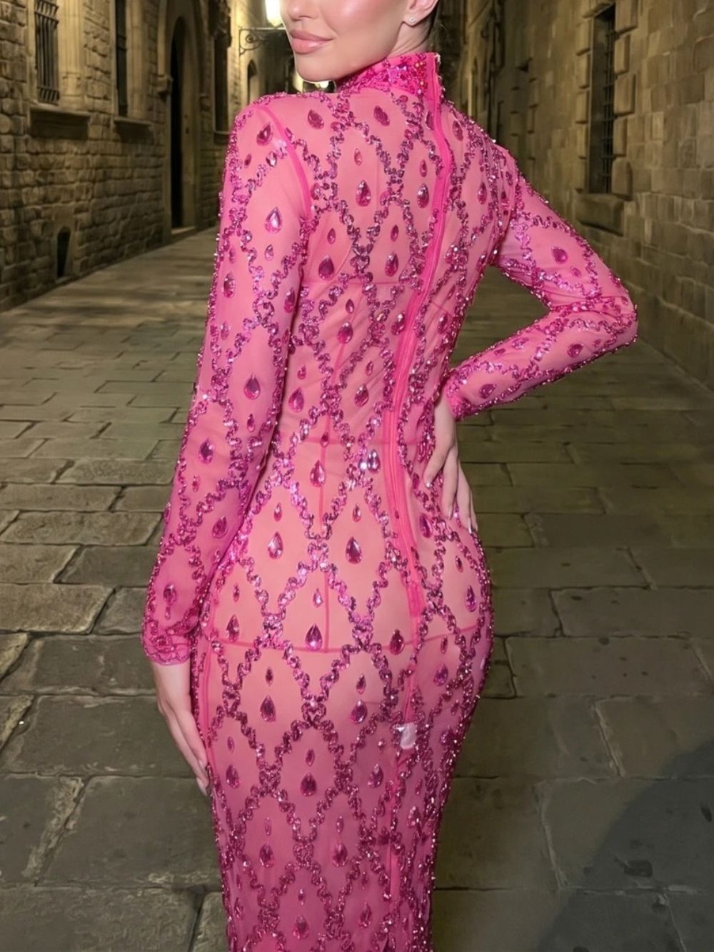 Long Sleeve Embellished Sequin Mesh Maxi Dress Hot Pink Flowering Girl