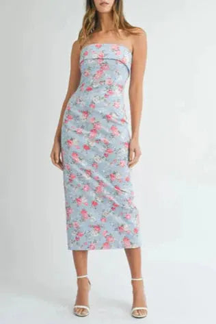 Sherry Strapless Floral Midi Dress In Blue Flowering Girl