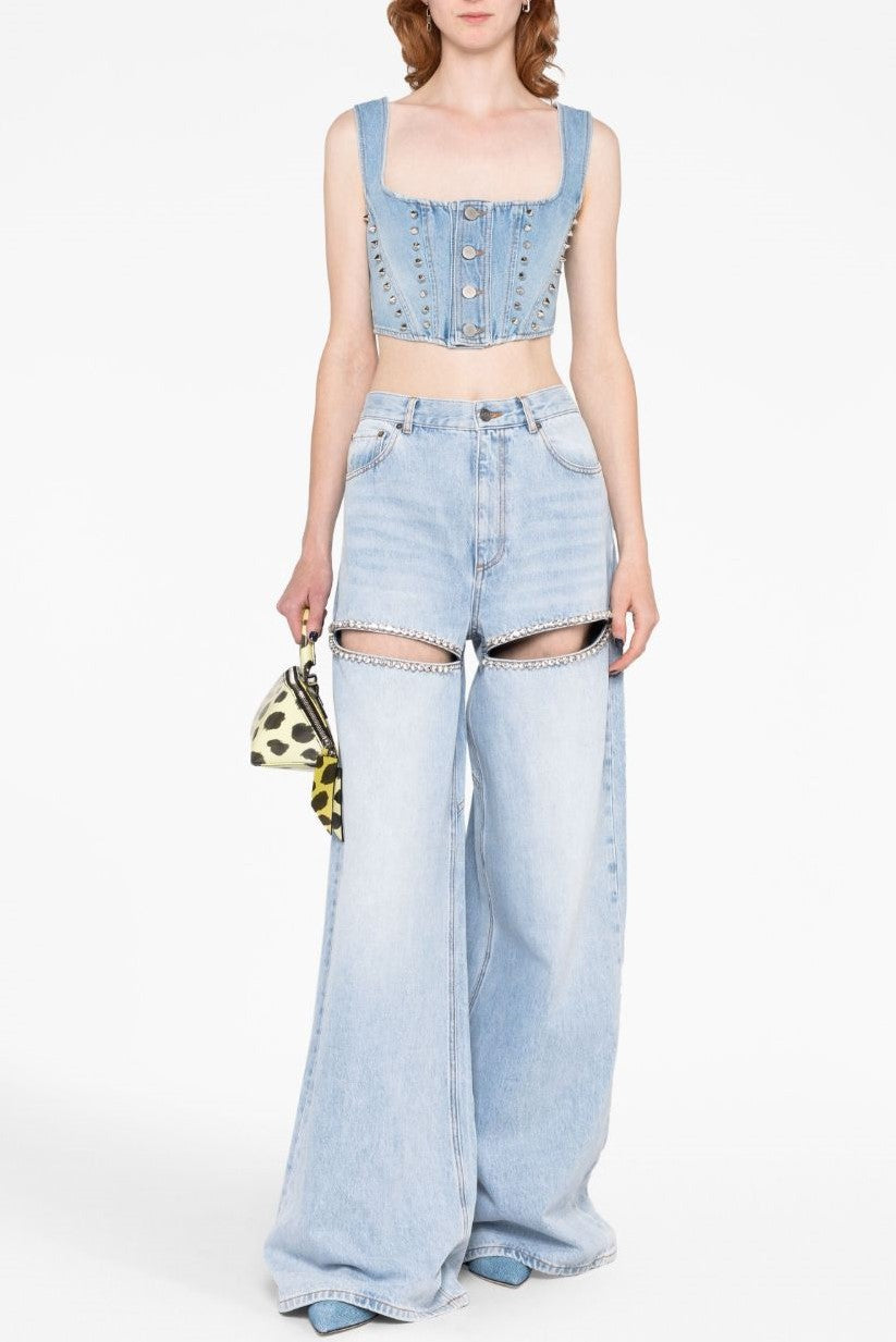 Maeia Rhinestone Cutout Jeans - Blue Flowering Girl