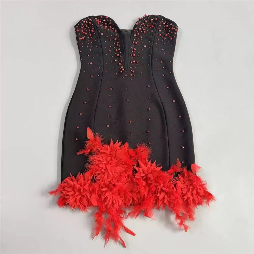 Black Bodycon Mini Dress with Red Feather Trim Flowering Girl