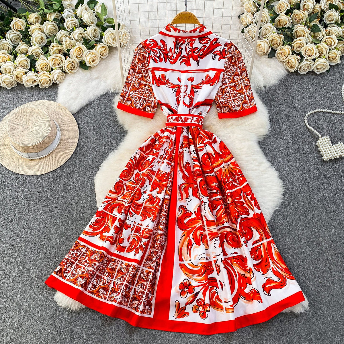 Printed Structured Cotton Or Silk Blend A-Line, Fit-And-Flare Shirt Dress Flowering Girl