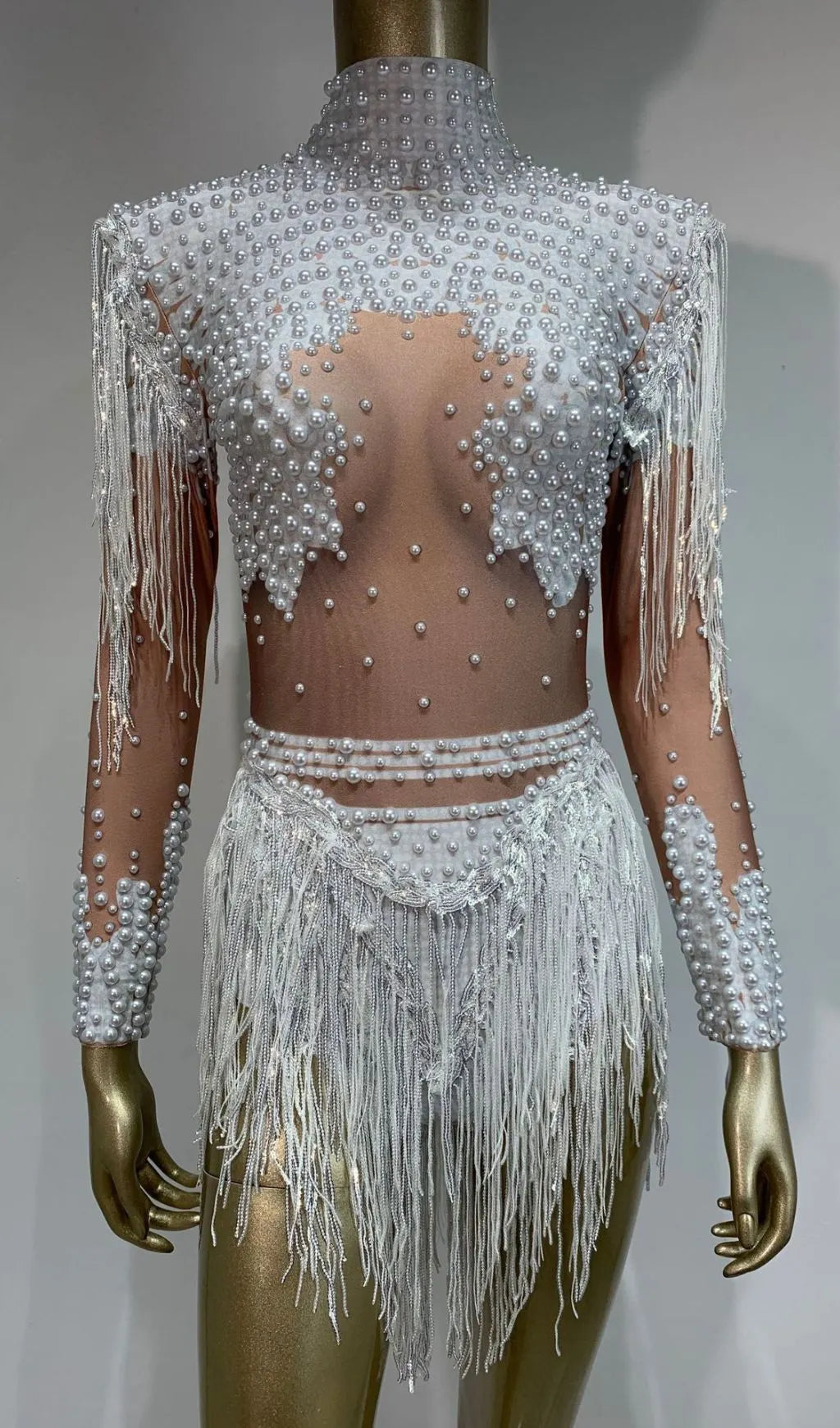 Fukiko White Beaded Tassel Bodysuit Flowering Girl