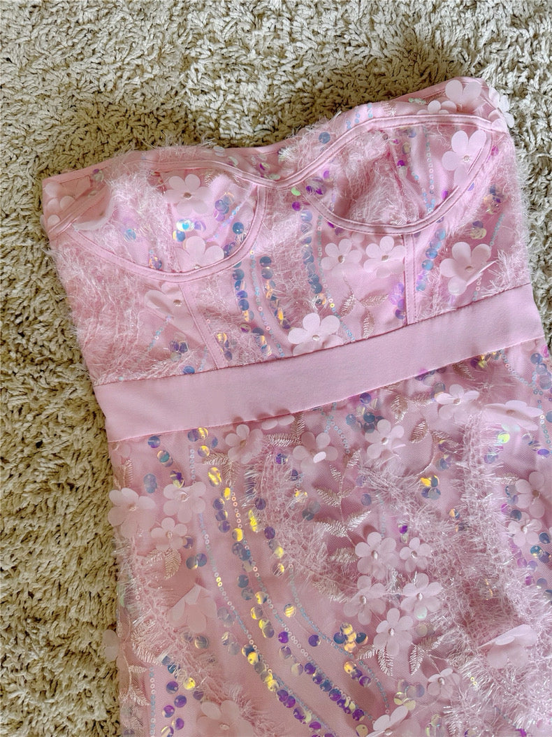 Girly Charms Strapless Midi Dress Pink Flowering Girl