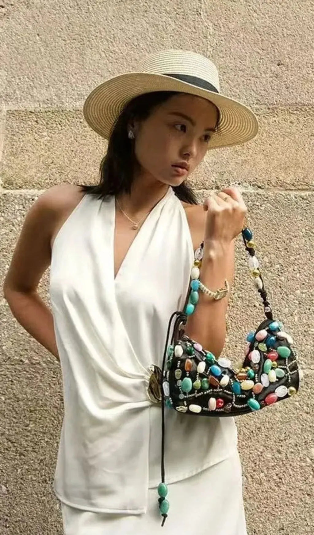 Beaded Crescent Shoulder Bag With Colorful Stone Embellishments Flowering Girl