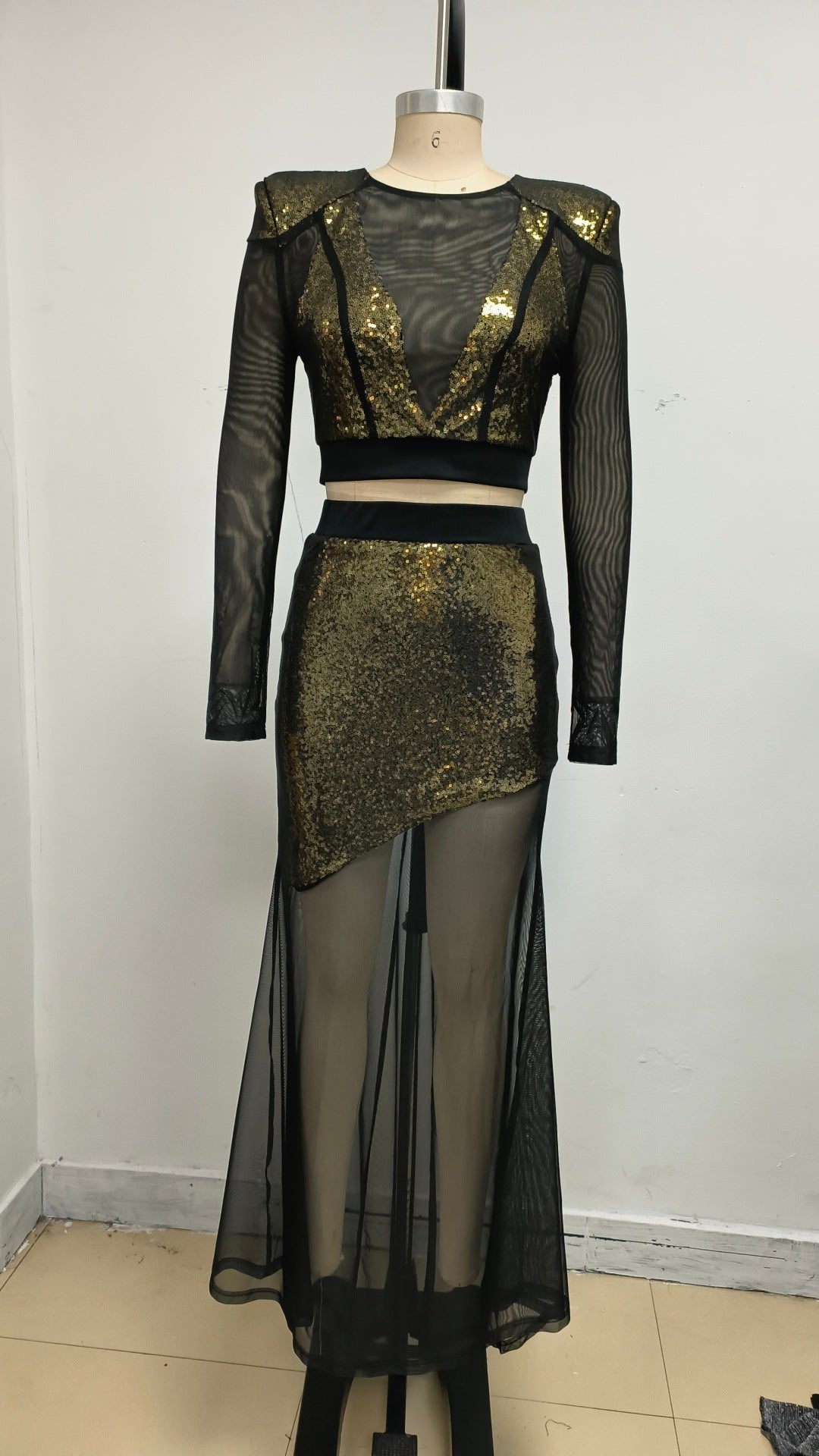 Eudora Gold Sequin Mesh Patchwork Sheer Two-Piece Set Flowering Girl