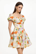 Gearoid Ruched Puff Sleeve Floral Print Woven Mini Dress Flowering Girl