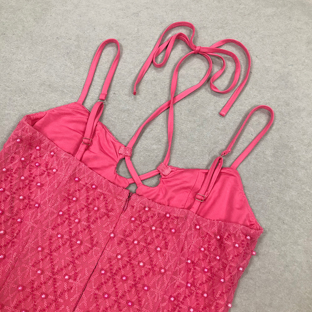Bakwina Pink Pearl Sequin Lace Up Maxi Dress Flowering Girl