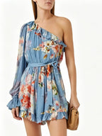 Medha Blue Printed Long Sleeve Mini Dress Flowering Girl