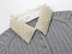 Beaded Collar Ribbed Sweater Flowering Girl