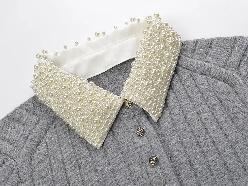 Beaded Collar Ribbed Sweater Flowering Girl
