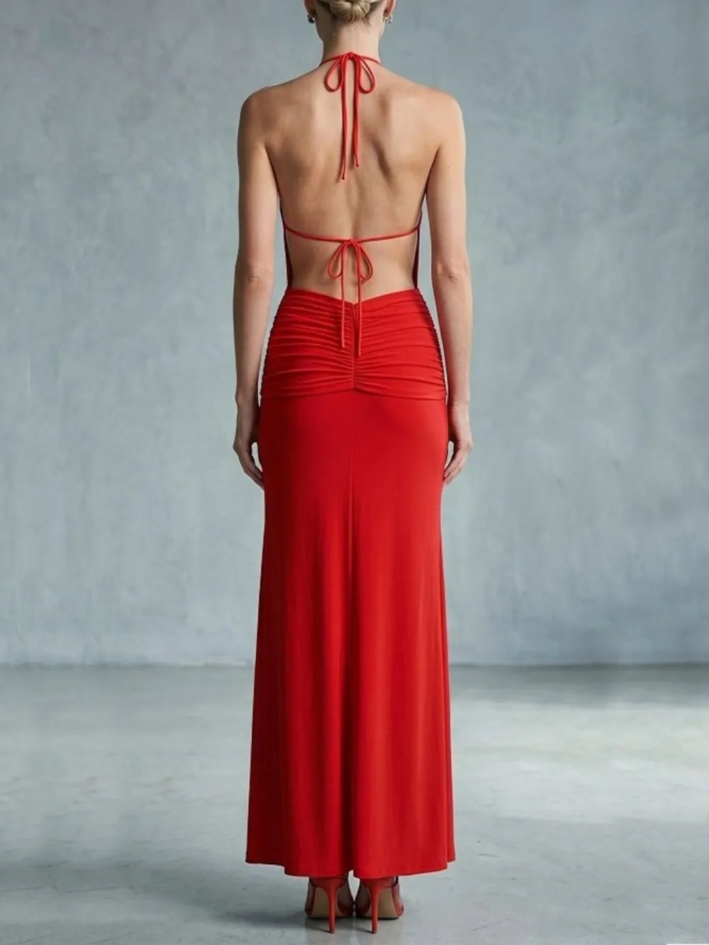 Maine Red Halter Backless Maxi Dress Flowering Girl