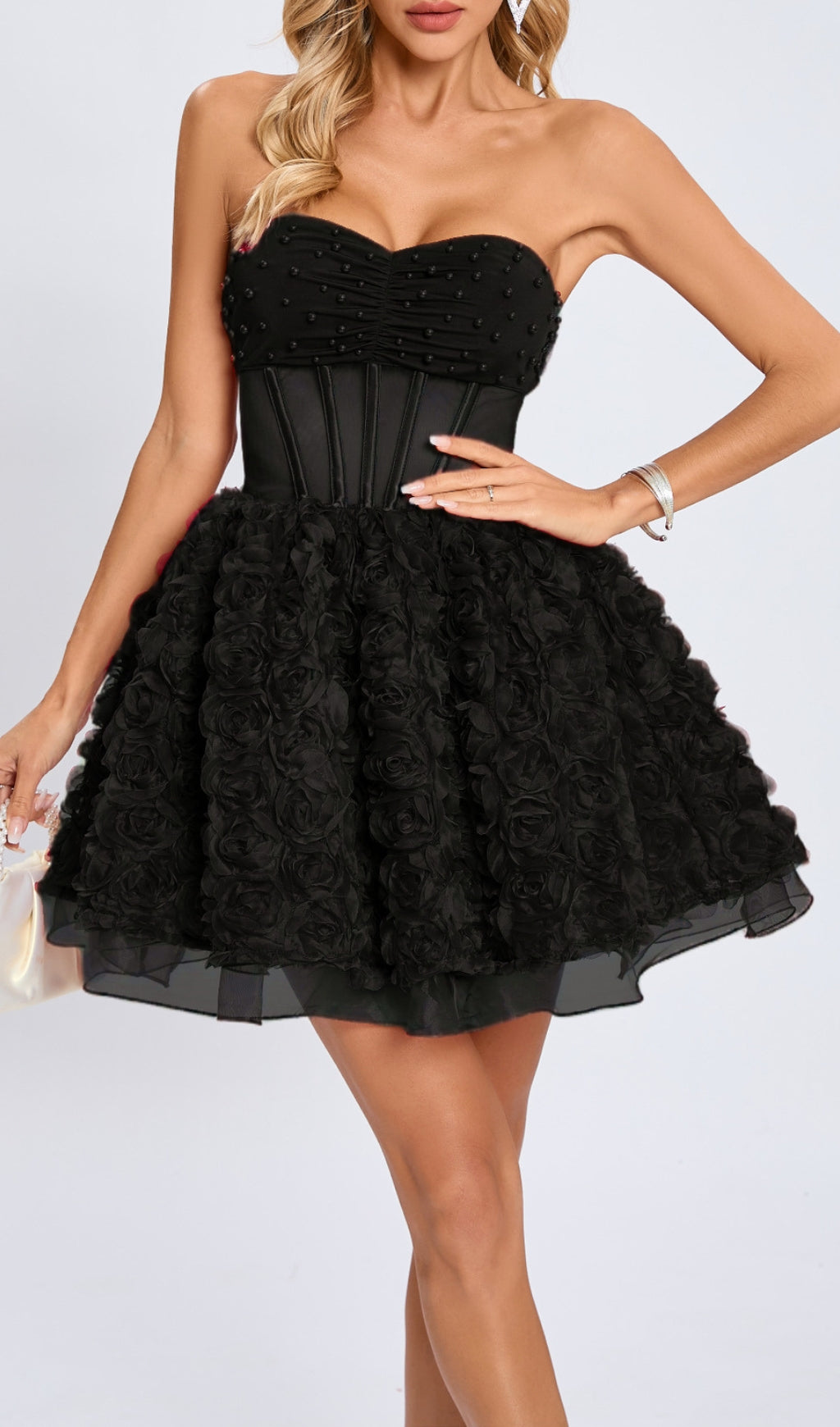Eustacia Black Strapless Flower Corset Mini Dress Flowering Girl