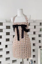 Nude Mesh Sheath Dress with Silver Metallic Tiles and Black Bow Flowering Girl