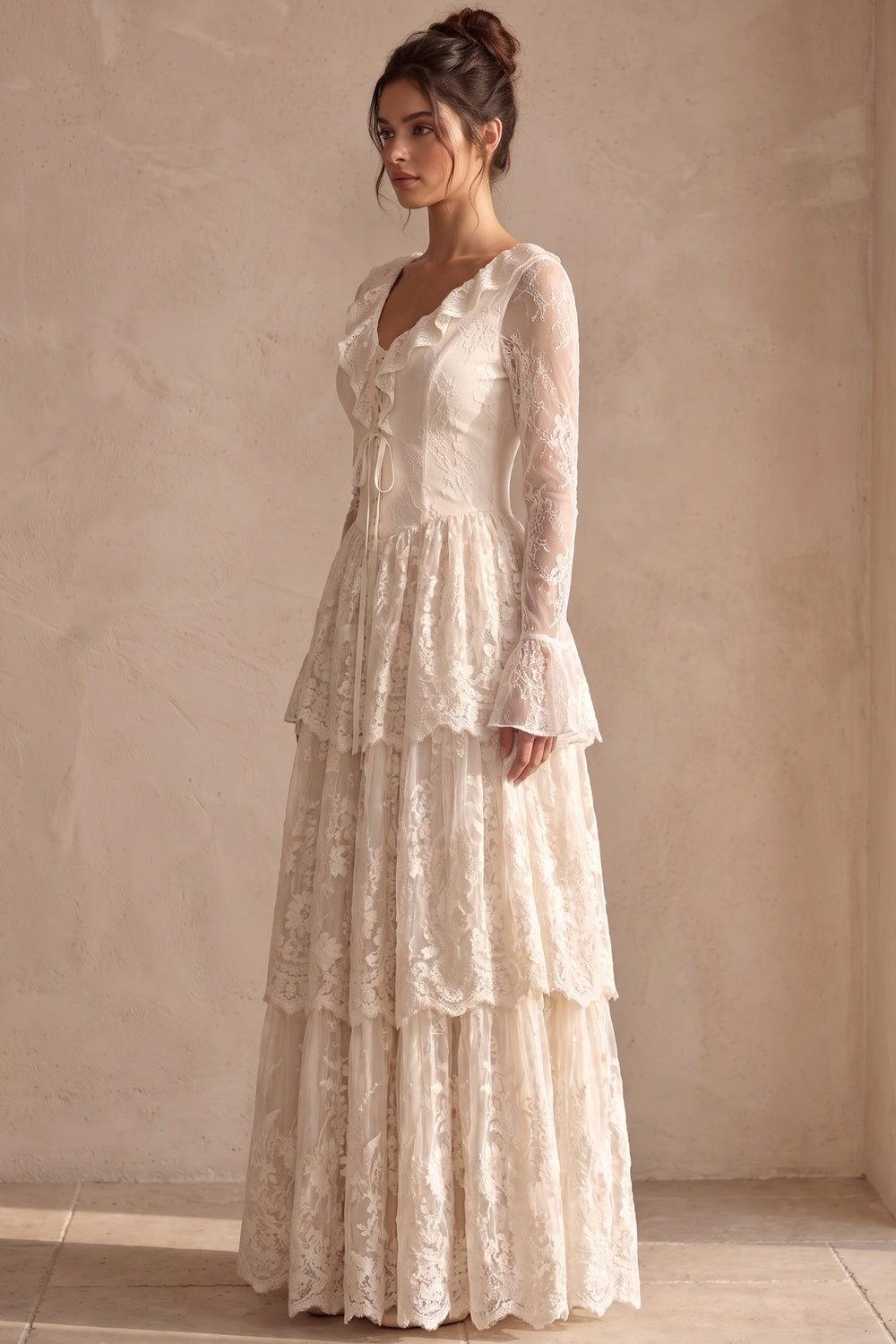 Cream Floral Lace Tiered Maxi Dress with Lace-Up Bodice Flowering Girl