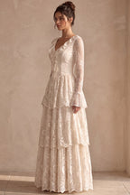 Cream Floral Lace Tiered Maxi Dress with Lace-Up Bodice Flowering Girl
