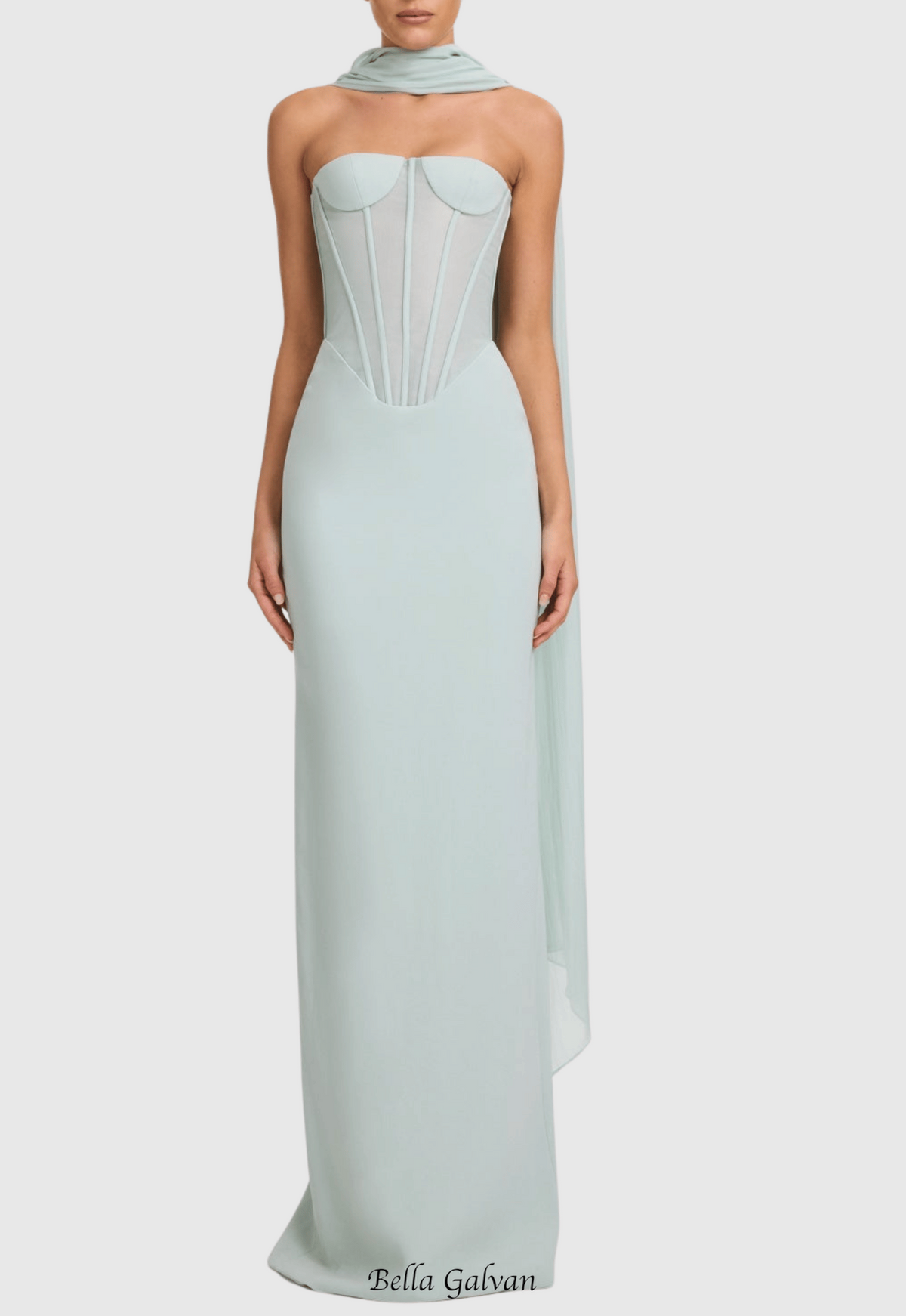 anna Strapless Mesh Scarf Corset Maxi Dress in green Flowering Girl
