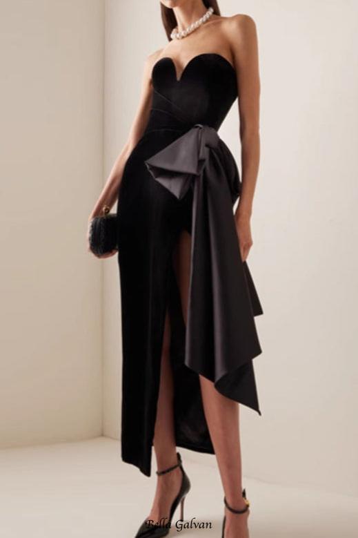 bow Irregular Asymmetric Sleeveless midi Dress in black Flowering Girl