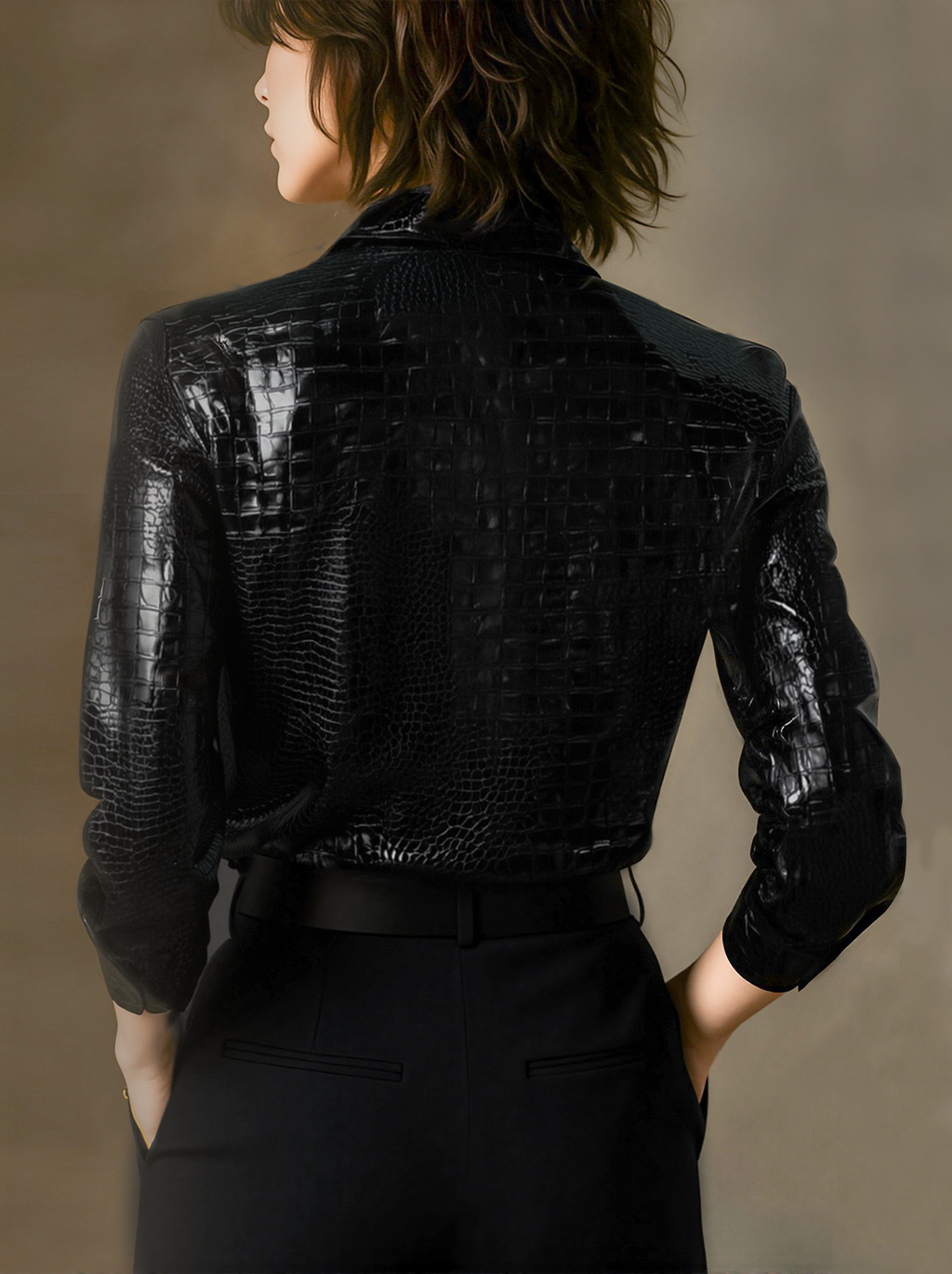 Glossy Black Crocodile Embossed Shirt Flowering Girl