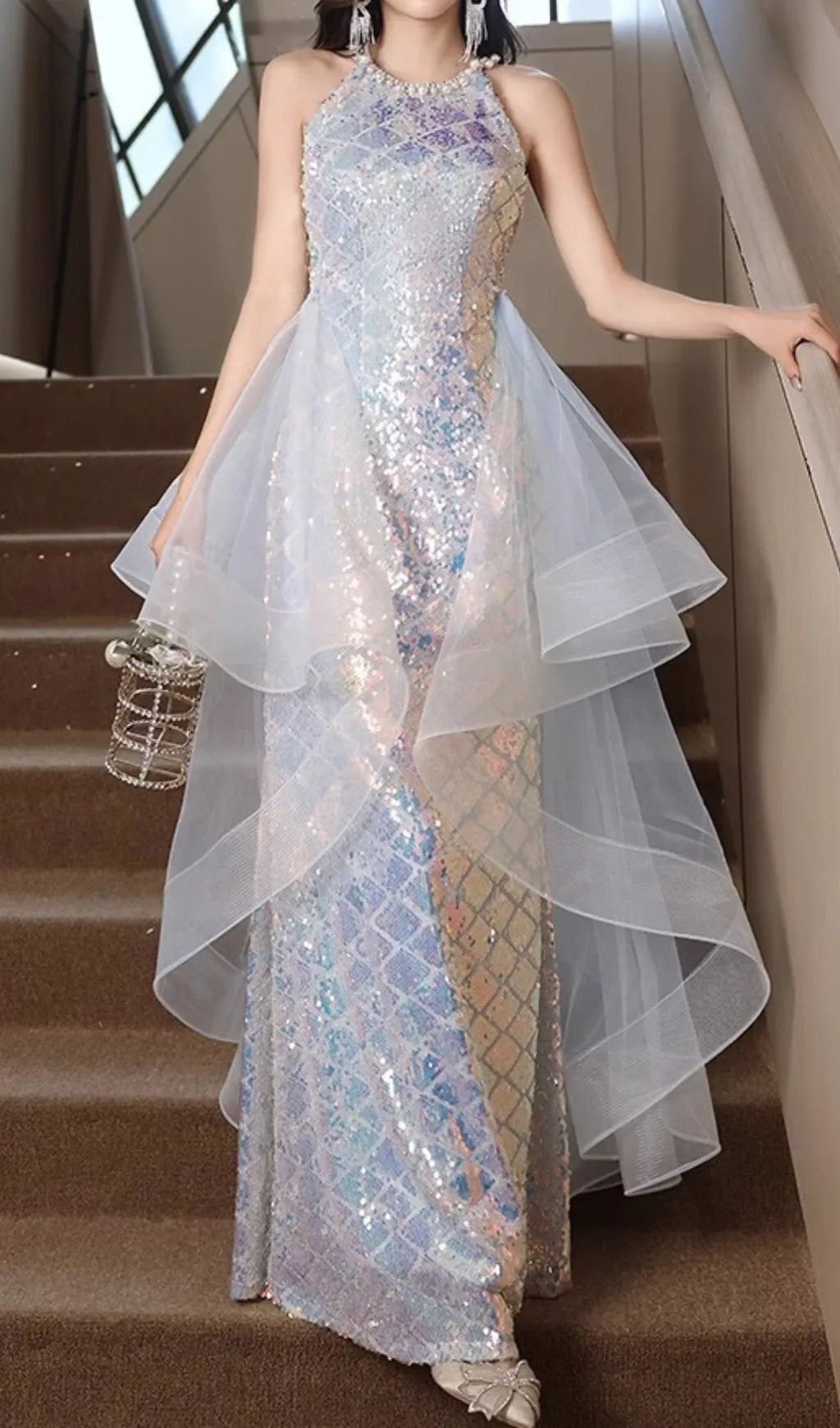 Cosette Halter Sequin Mesh Maxi Dress Flowering Girl