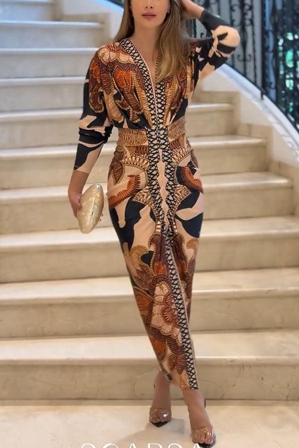 Unique Print Dolman Long Sleeve Ruched Slit Midi Dress Flowering Girl