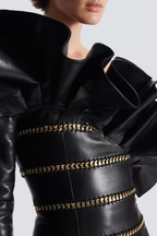Rantan One Shoulder Asymmetric Leather Ruffle Mini Dress Flowering Girl
