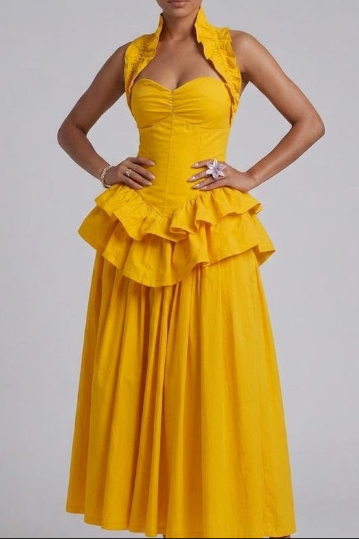 Yellow Ruffled Peplum Midi Dress Flowering Girl