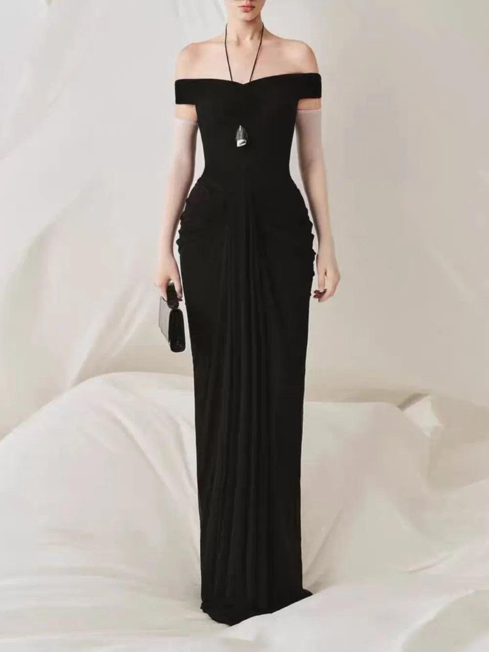 Draped Bardot Maxi Dress Black Flowering Girl