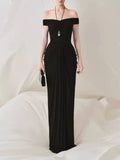 Draped Bardot Maxi Dress Black Flowering Girl