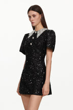 Dora Buttoned Contrast Collar Sequin Mini Dress In Black Flowering Girl