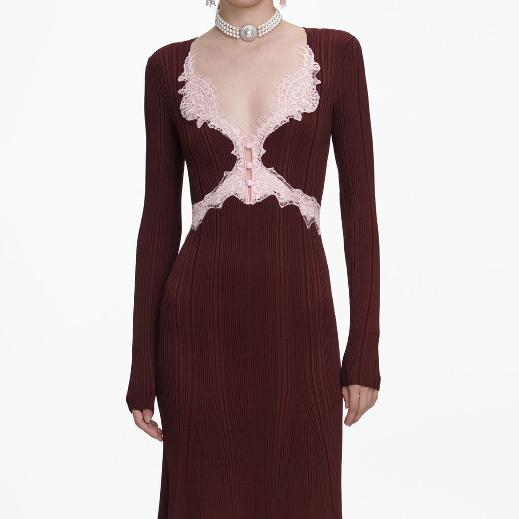 Apphia Brown Contrast Lace Knit Midi Dress Flowering Girl