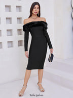 Fuzzy Trim Split Bodycon strapless midi Dress in black Flowering Girl