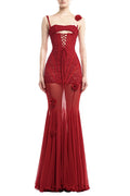 Jamie 3D Floral Halter-Neck Fishbone Mesh Hollow Maxi Dress Flowering Girl