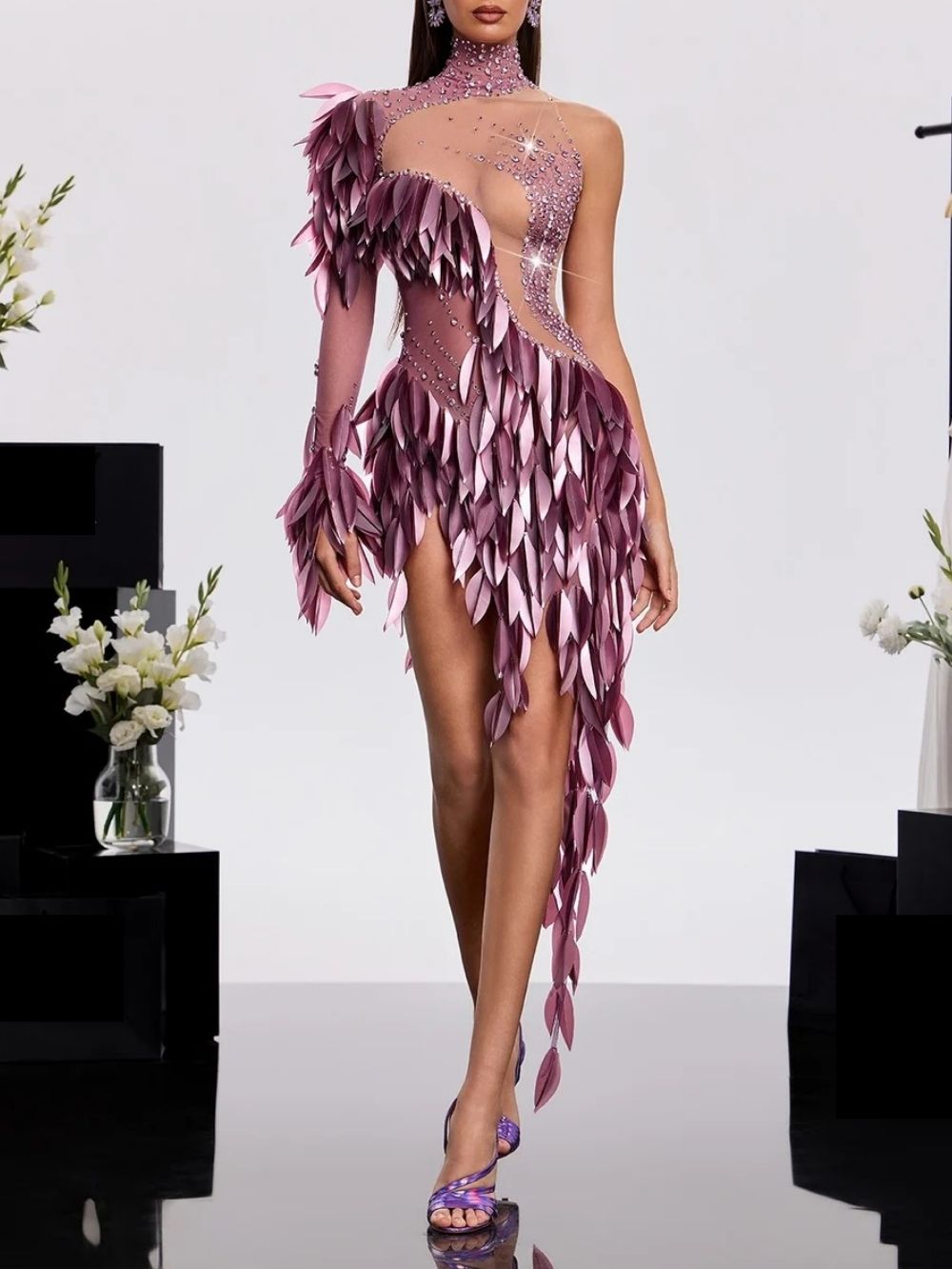 Xandrik One Shoulder Leaf Mesh Dress Flowering Girl