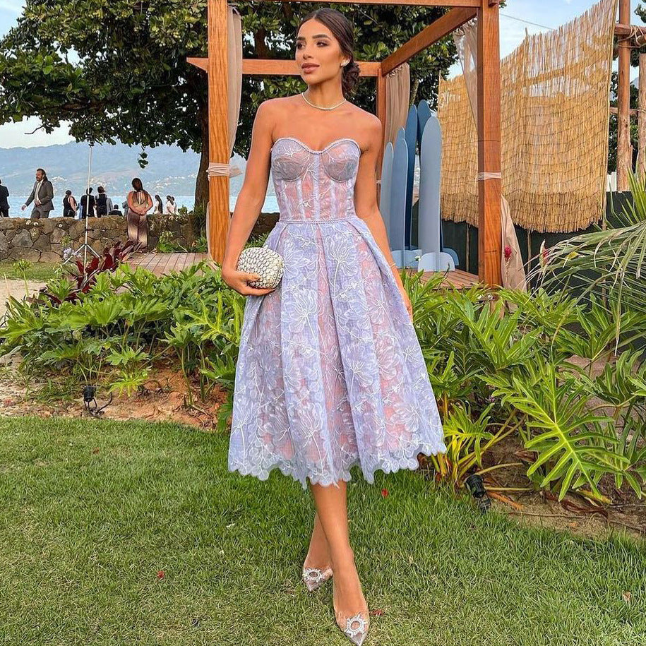 Agnens Purple Sexy Strapless Embroidered Lace Midi Dress Flowering Girl