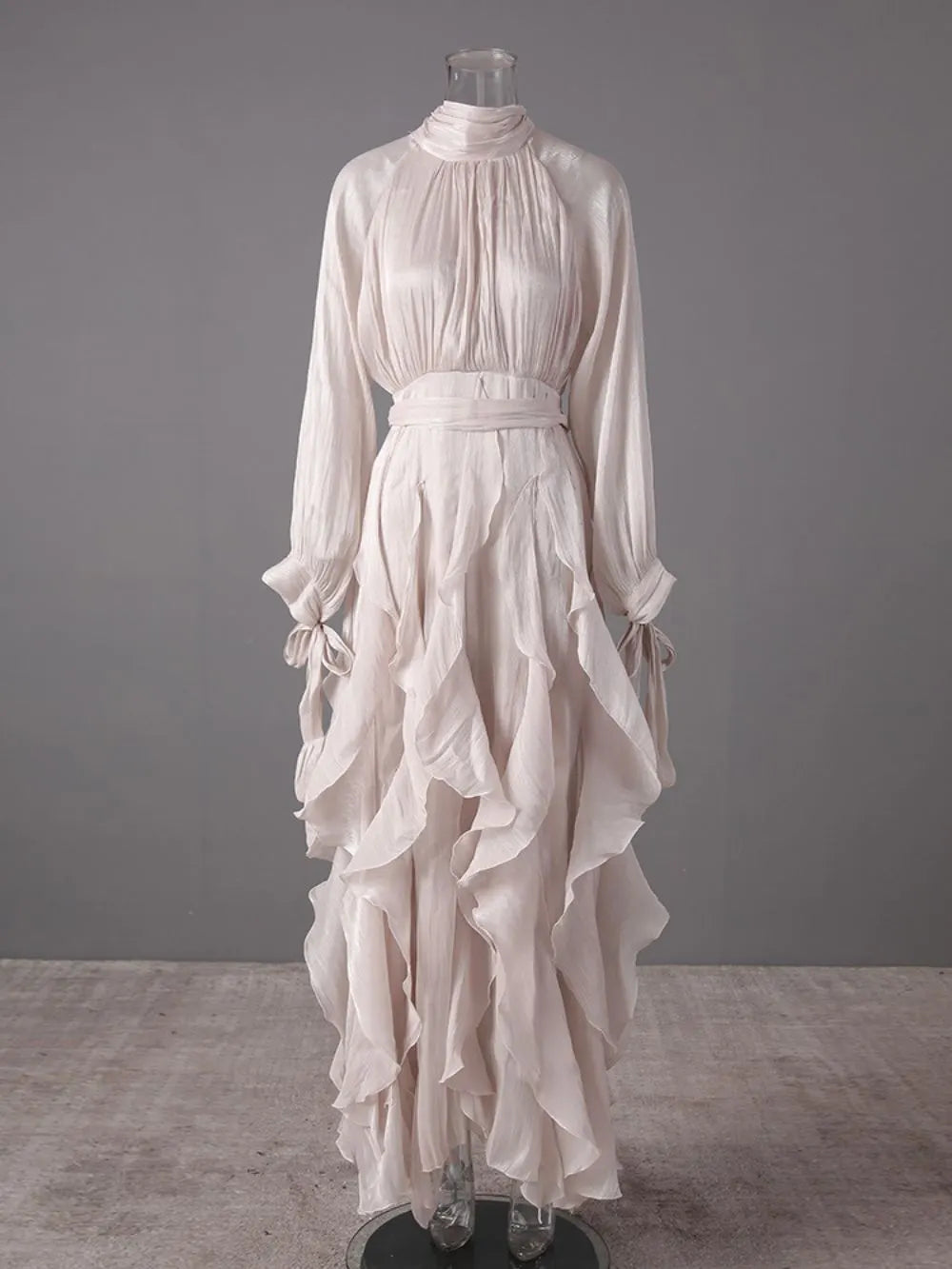 Champagne Shimmer Chiffon High Neck Tie Cuff Ruffled Maxi Gown Flowering Girl