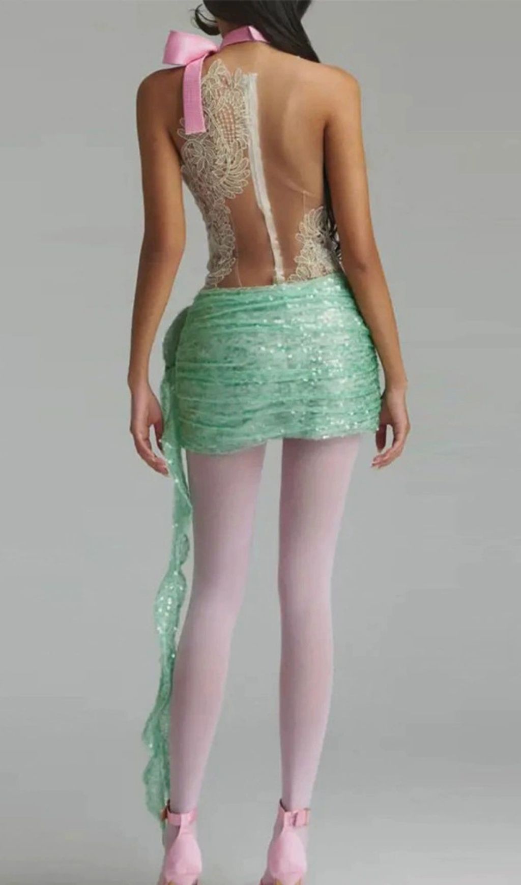 Kayla Green Lace Flower Sequin Mini Dress Flowering Girl